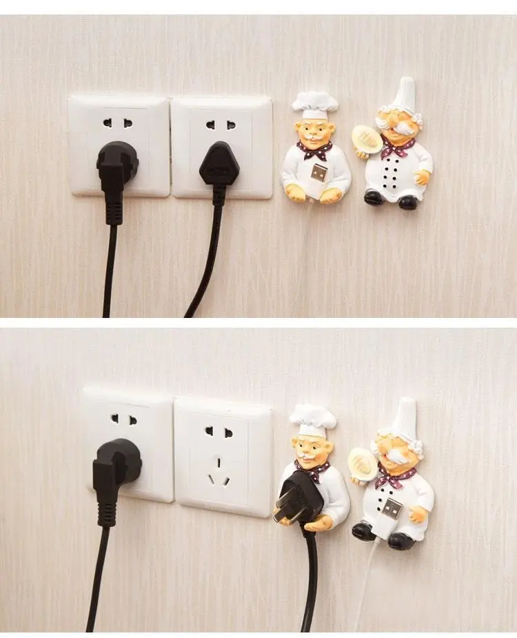 2Pcs Cartoon Chef Plug Holder, Self Adhesive Power Cord Hooks, No Drill Decorative Wall Hook, Kitchen Cable Organizer
