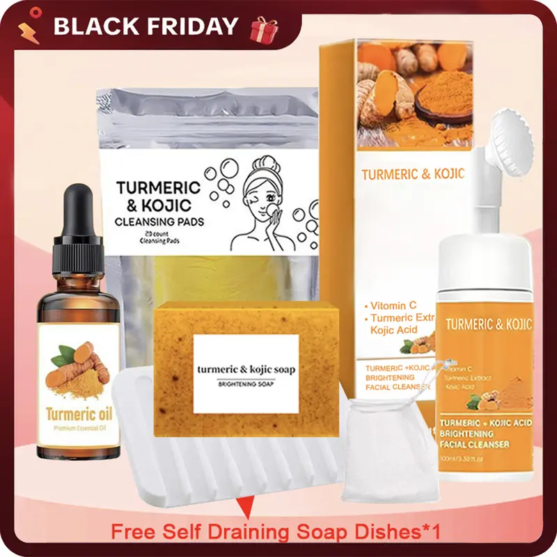 Shusddshu Turmeric Brightening Body Care Bundle - 100g Cleansing Bar Body Wash, 90g Soap Saver, 100ml Essential Oil, 30ml Vitamin C Product, No Harsh Additives, Daily Skin Care Set for Adults
