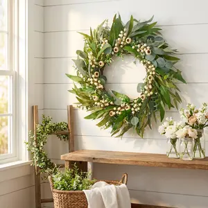 Egolot 24 Inch Spring Eucalyptus Olive Leaves Wreath with White Berries for Front Door All Season Greenery Wreath for Indoor Outdoor Home Decor Faux Floral Garland Decorative Props - Decoration