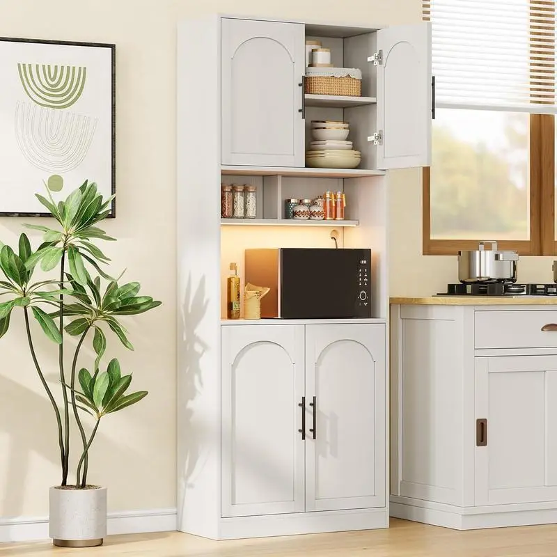 71" Tall White Pantry Cabinet - LED Light Kitchen Hutch with Microwave Shelf, Freestanding Storage for Dining Room/Kitchen/Bathroom