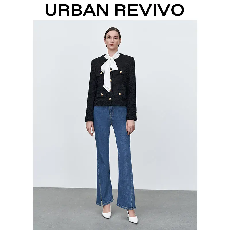 URBAN REVIVO Lady's Classic Multi-Pocket Tweed Jacket - 2025 Long-Sleeve Polyester Outerwear, Minimalist Casual Coat, Elegant OOTD Piece, Women's Top