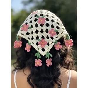 1pc Cute Floral Hollow-Out Tasseled Knitted Triangle Scarf, Fresh And Sweet Beach Style Women Bandana Summer Outfits Beach Hair Band Summer Hair Accessories Beach Headbands