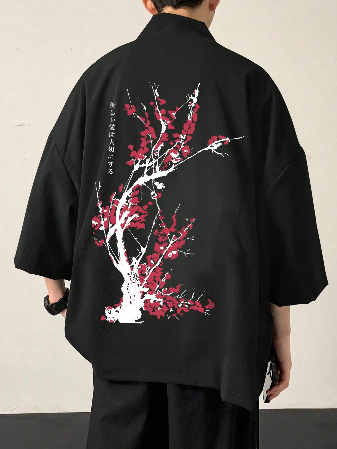 Men's Japanese Plum Blossom Graphic Printed Kimono Cardigan, Loose Fit Traditional Oriental Cultural Style Haori for Summer Outfits & Sun Protection