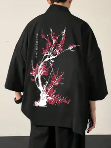 Men's Japanese Plum Blossom Graphic Printed Kimono Cardigan, Loose Fit Oriental Style Haori for Summer Outfits & Sun Protection