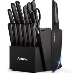 Astercook 15 PCS Kitchen Knife Set - Chef Knife Set with Non-Stick Stainless Steel and Ergonomic Wood Handle - Kitchen Knives, Block Knife Block Wooden