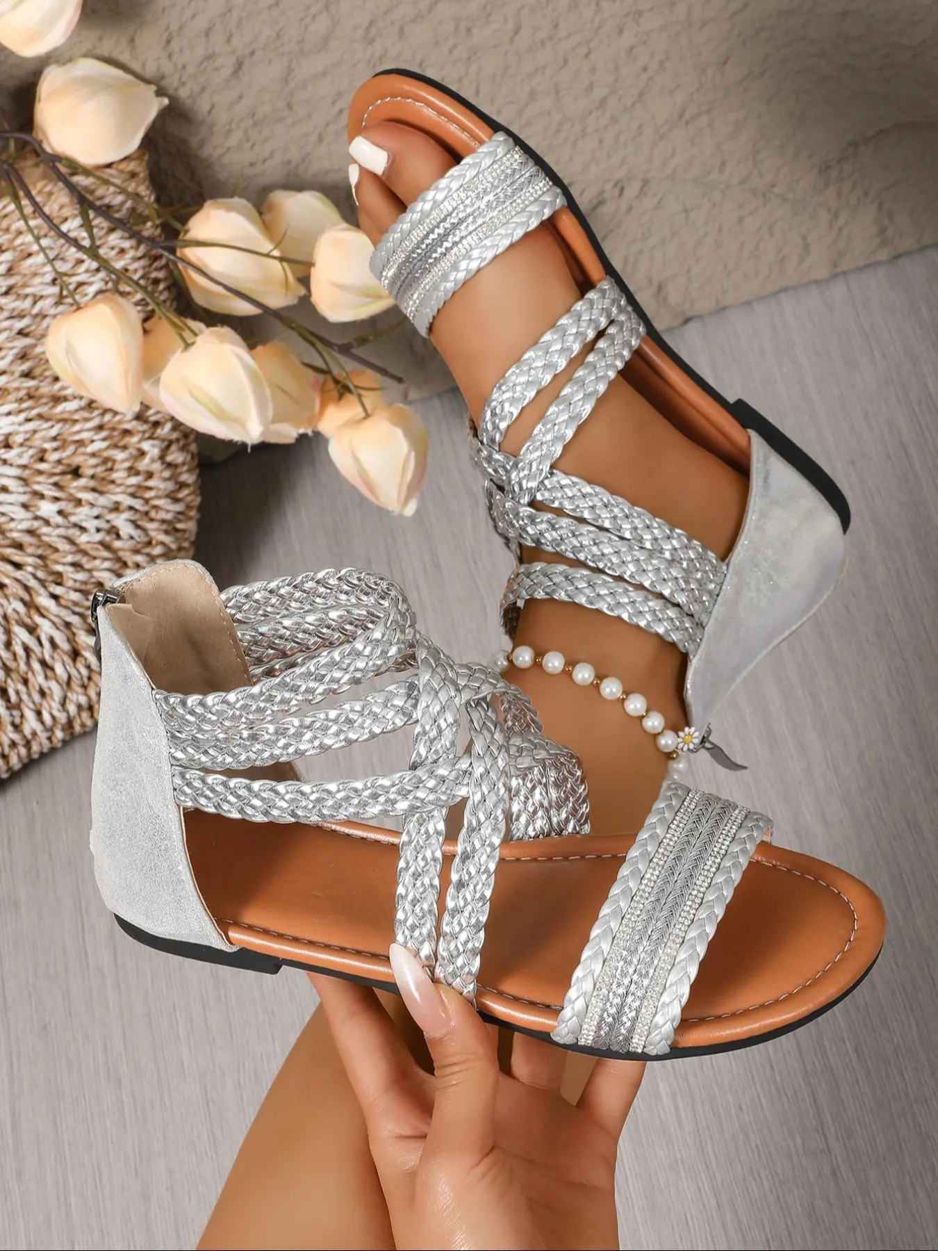 Women's Fashionable Gladiator Sandals, elegant fashionable zipper sandals, Casual Versatile Flat Sandals for Summer, Lightweight Breathable Comfortable Shoes for Daily Wear, Casual Trendy Sandals, Girl, Boho Style Sandal, Fashionable Comfy Sandals