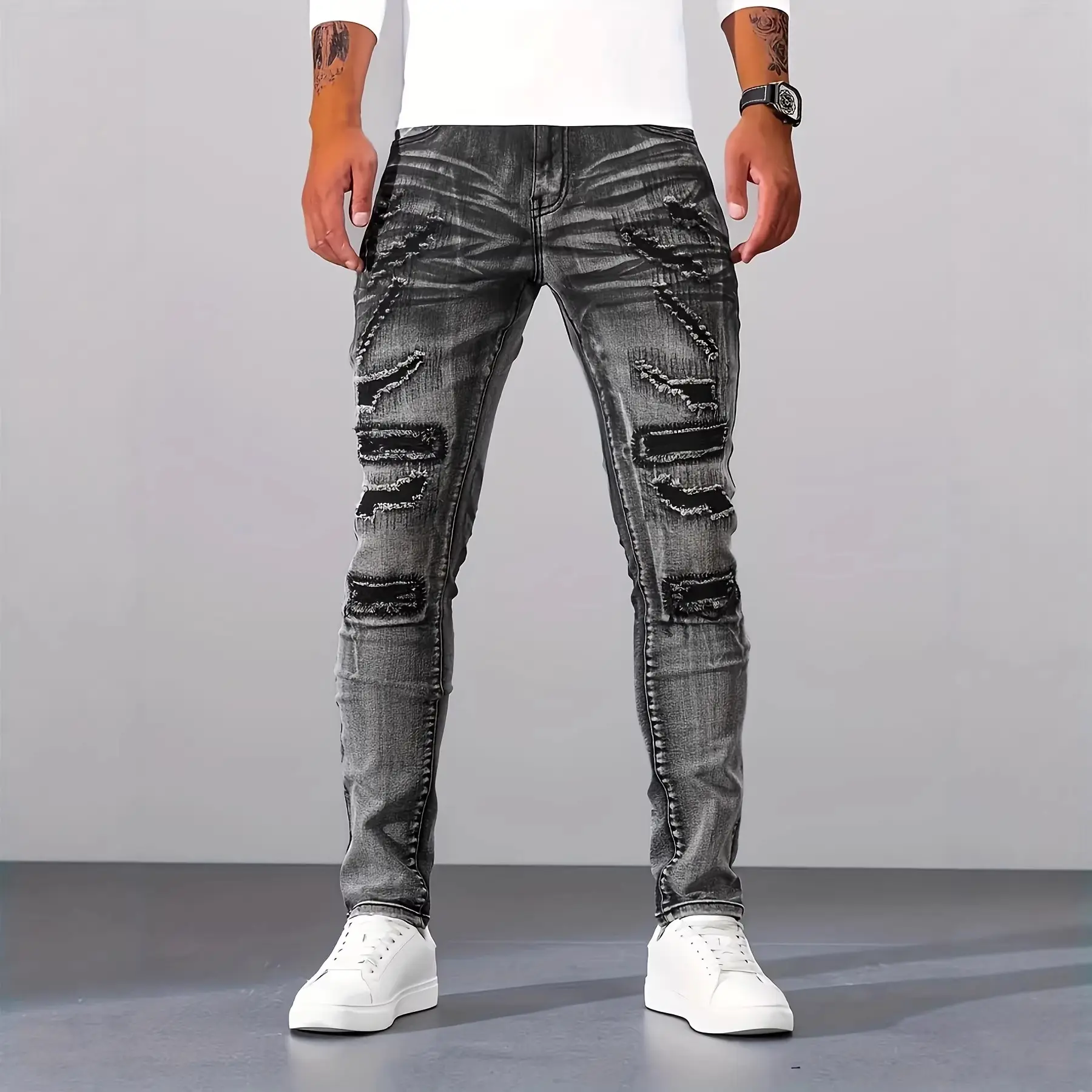 Men's Slim Fit Stretch Denim Jeans - Silver Gray, Multi-Design Washed, Ripped Details, Pockets, Tight Above Ankle Streetwear Clothing - Comfortable, Durable All-Season Casual Night Out Pants, Tight Jeans, Above Ankle Men's Jeans, M
