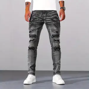 Men's Silver Gray Slim Fit Stretch Nylon Jeans 2026 New Arrival Menswear Pants Stretchy Denim with Pocket Multi Wash & Ripped Distressed Details Versatile for Streetwear & Casual Night Out All Seasons Spring Style Upgrade
