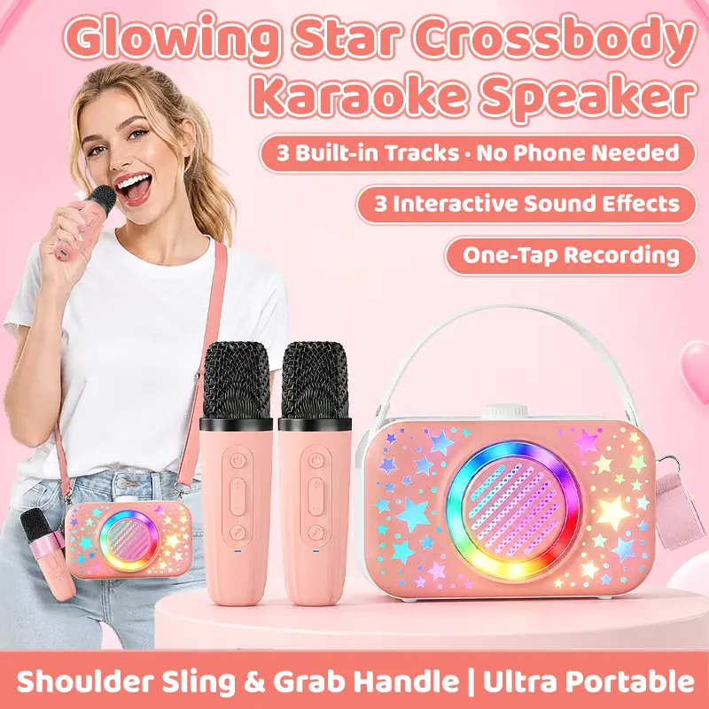 Mini Karaoke Machine with Portable Bluetooth Speaker, 2 Wireless Microphones & HI-FI Sound - Party Lights Included, Ideal Birthday Gift for Kids, Family Home/Outdoor Use