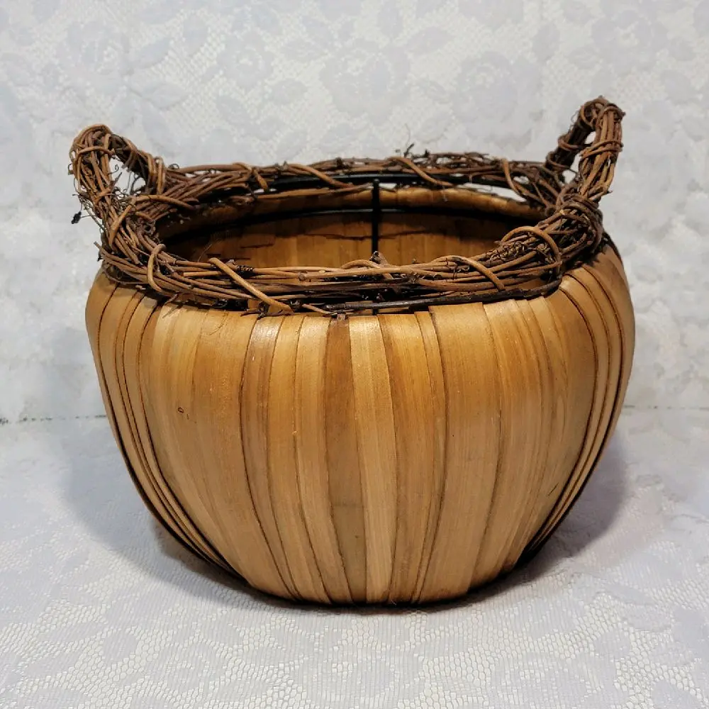 Vintage Rustic Handmade Pumpkin Shape Large Woven Basket Decor Vine Twig Handle 9" H x 10.5" W for Thanksgiving & Halloween Home Decor