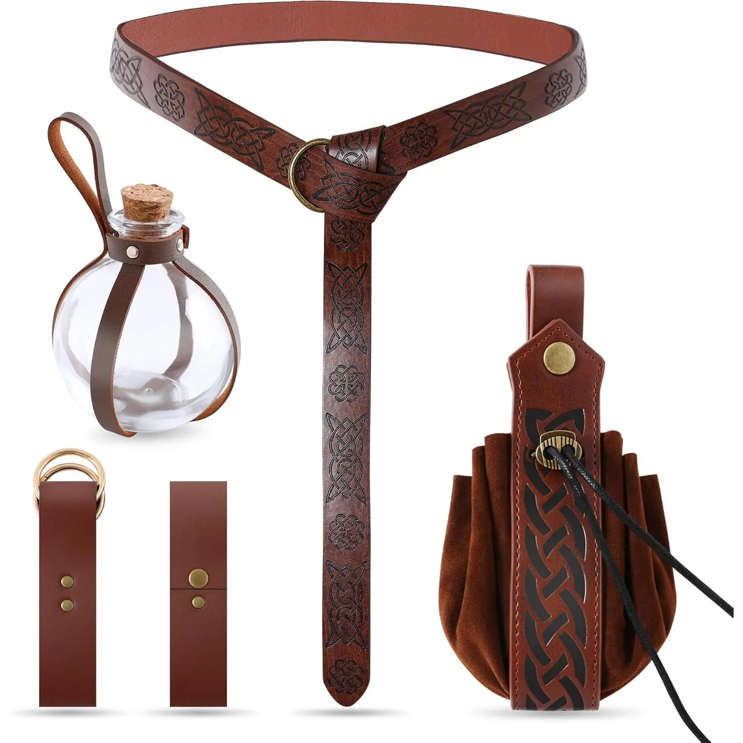 Z-BT5 Vintage Medieval Pirate Leather Belt Set with 6Pcs Matching Straps, Cork Potion Bottle Pouch for Renaissance Halloween Party Cosplay Costume Accessories, 6-Pieces, Medieval Belt, Braid Detail, Removable Straps