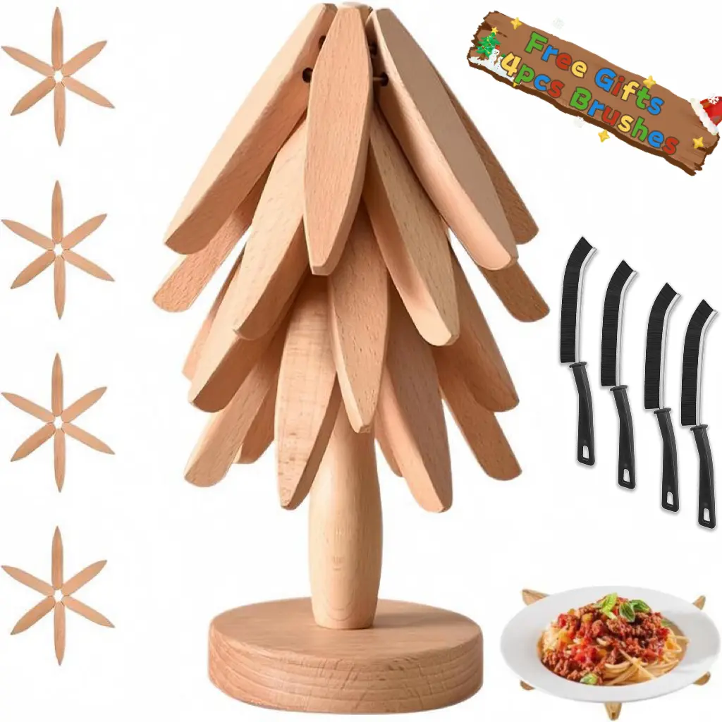 Natural Tree Trivet Set 4 Wooden Trivets & 1 Stand Heat Resistant Foldable Design Durable & High Quality Solid Wood Ideal for Hot Dishes, Pots, Bowls, Teapots Kitchenware & Tableware Coasters,Mother's Day Gift summerwins