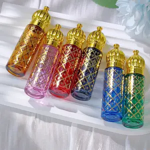 6-Pack 0.27oz Colored Glass Roller Bottles with Gold Checkered Caps - Portable Makeup Travel Bottles for Essential Oils, Bright Blue/Green/Red, Elegant Cap Design, Exquisite Details