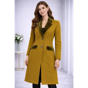 LALAH Women’s Mustard Wool Coat with Velvet Trim