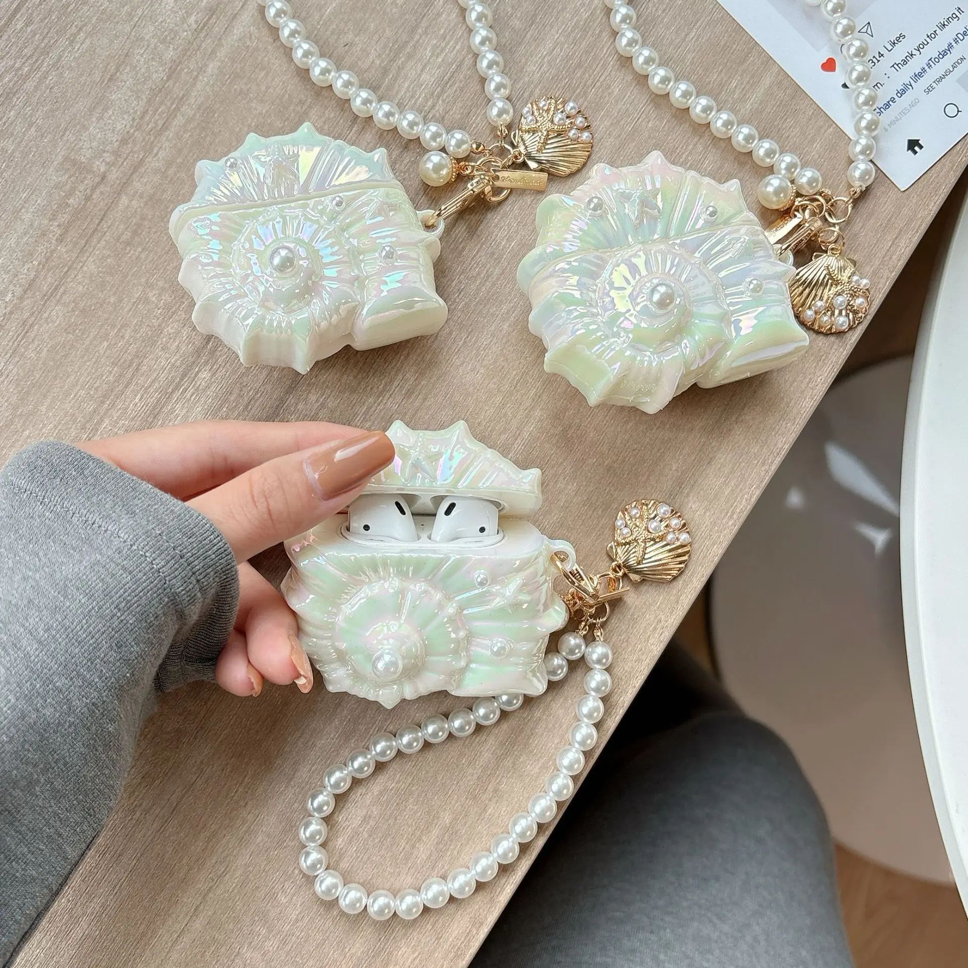 Luxury Conch Glitter Earphone Protective Case For Apple AirPods 4 3 2 1 Pro 3 2 Case Headphone Box With Strap Soft Cover