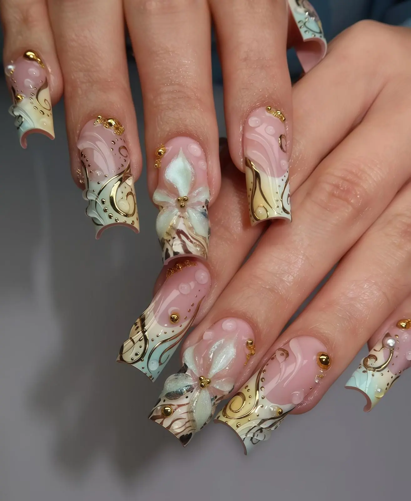 Custom Press on Nails Tropical Flower Green Pink Nails–3D Blooms, Dew Drops, Nature-Inspired Nail Art, Vibrant Summer Manicure with Sparkle,  Gift for Her