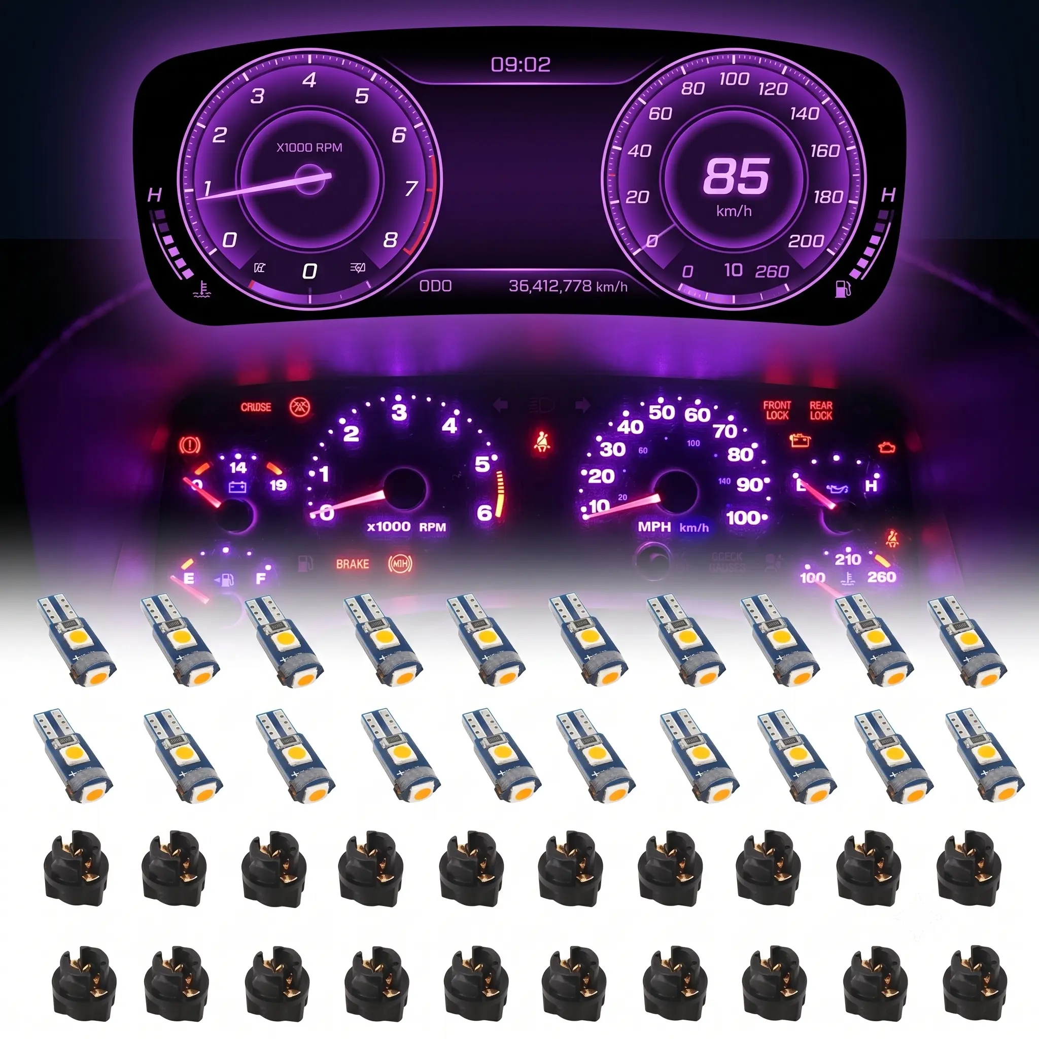 Super bright T5 74 LED wedge socket automotive instrument panel light kit perfect as a car daily travel gift.