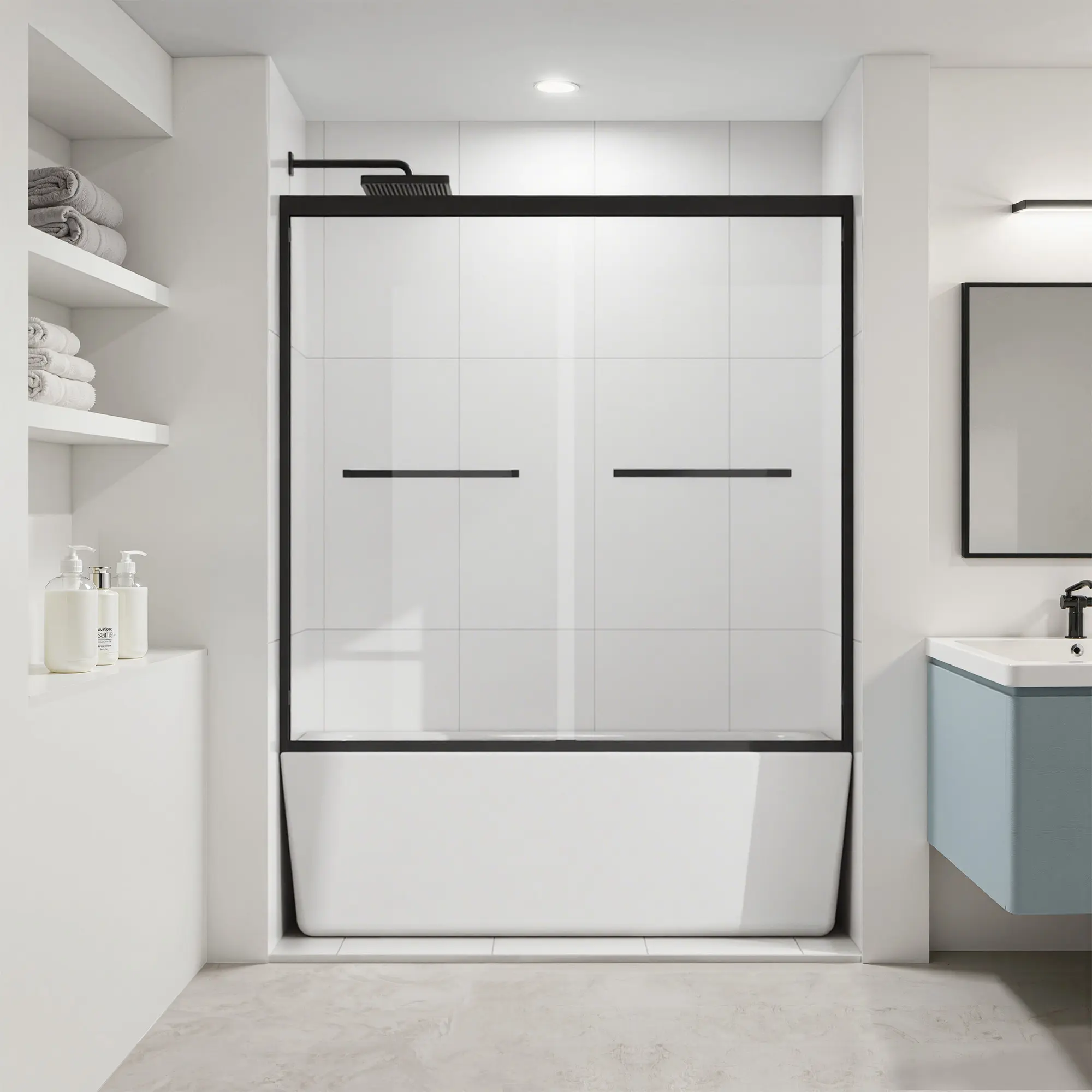 Double Sliding Bathtub Shower Door 60 in. W x 58 in. H Aluminum Framed Shower Enclosure for Tub with SGCC Clear Tempered Glass, Stainless Steel Hardware, Matte Black