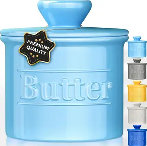 Butter Crock with Lid -  Design  Butter Dish - Beautiful Ceramic Butter Keeper for Counter with Water Line -  to Keep Butter Soft and Spreadable - Light Blue