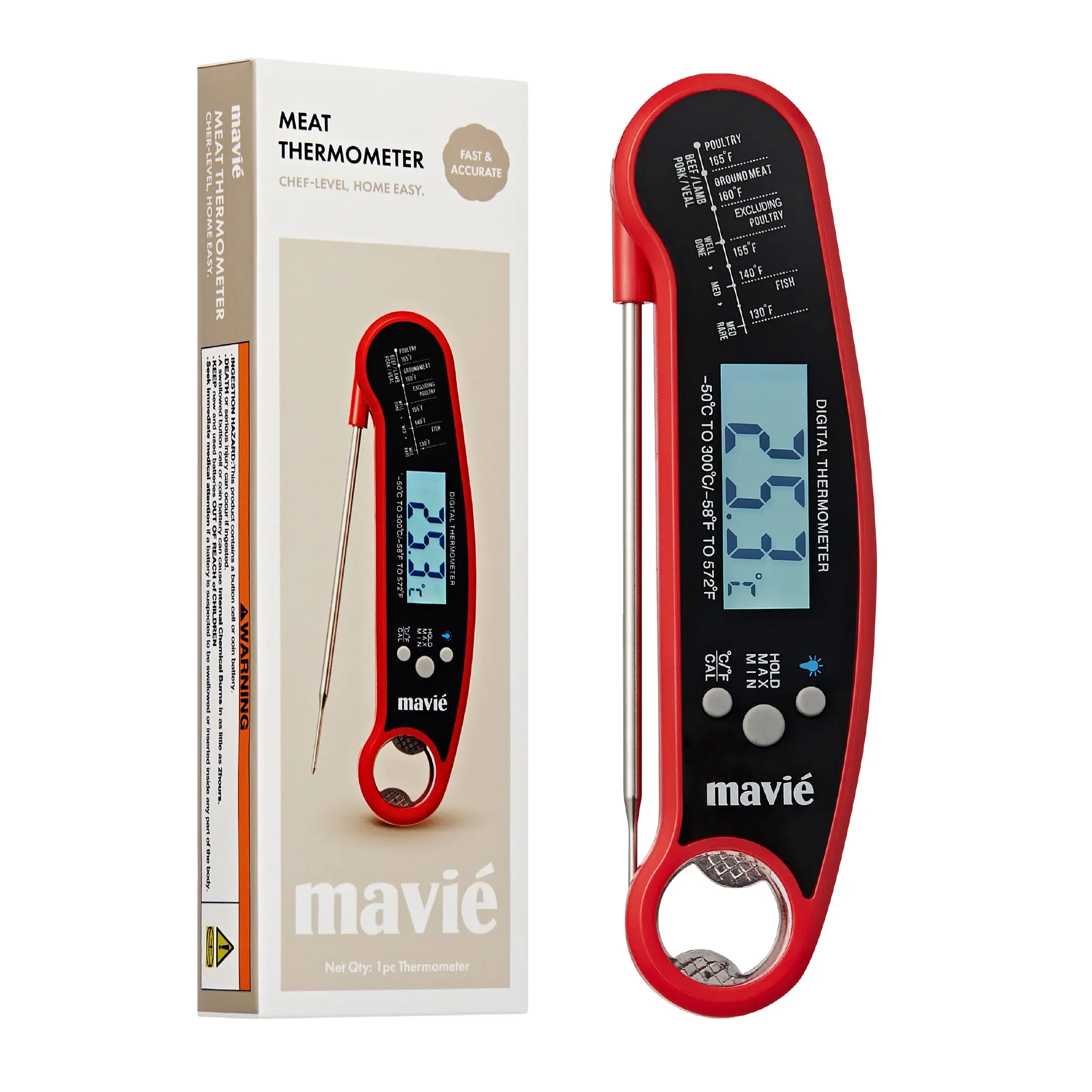 Mavié Instant Read Meat Thermometer - Waterproof Digital Food Thermometer for BBQ, Grill & Kitchen with Built-in Bottle Opener