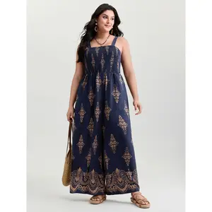 BloomChic Women's Plus Size Bohemian Blue Printed Sleeveless Overalls - Nylon Garment, Waist-Defining Shirred, Smooth Fabric, Pocket, Curvy Fashion, Body Flattering, Cold Wash, [M-6X] 2026 Summer Vibes