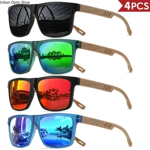 4PCS Wood Grain Spring Hinge Sunglasses - Classic Retro Square Frame, UV400 Unisex Comfort Fit for Daily Casual Wear