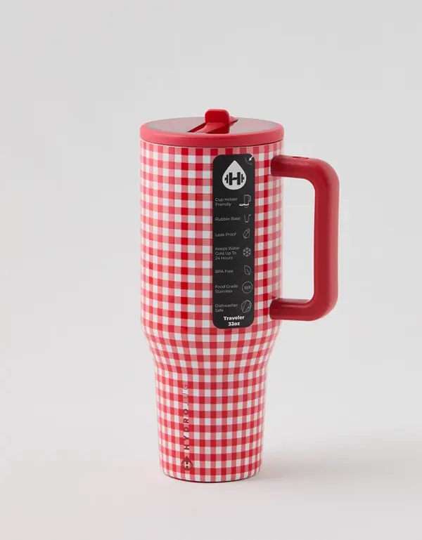 HydroJug Traveler "Red and White Checkered Series" 40oz Stainless Steel Insulated Water Bottle! This portable insulated water bottle comes with a straw, a leak-proof design, and a non-slip rubber pad on the bottom. Perfect for dates, school, and sports.
