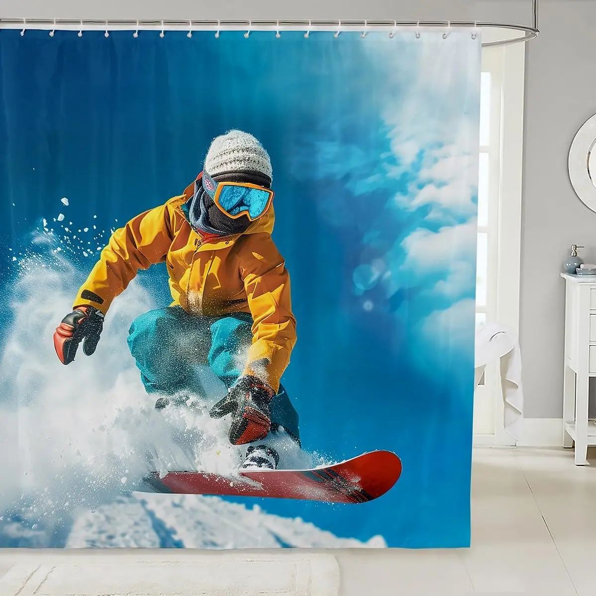 Snowboard Shower Curtain for Stalls Bathtubs Extreme Sports Theme Bathroom Shower Curtain Set Hipster Decor Bath Curtain Room Decor Cool Style Waterproof Bathroom Curtains