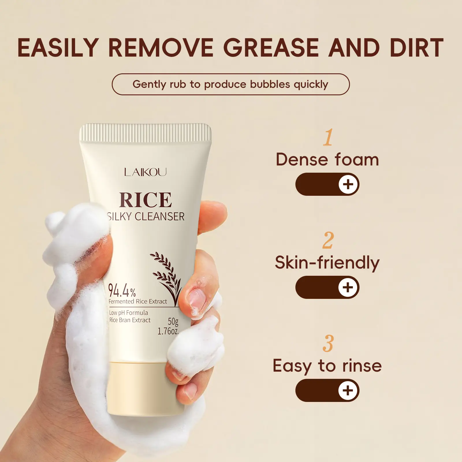 Rice Cleansing Foam 50g Gentle Skin-Friendly Face Wash, Facial Wash, Facial Cleansing Product, Suitable for Sensitive Skin, Hydrating and Nourishing, Deep Cleaning Moisturizing Gentle Cleanser