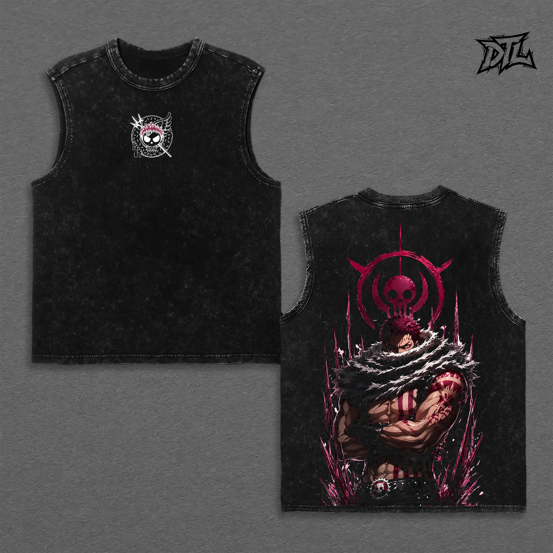 Charlotte Katakuri One Piece Tank Top | Premium Heavyweight Cotton Oversized Grey Tee Big Mom Pirates Mochi Mochi Fruit Graphic Print Shonen Manga Merch Dark Aesthetic Grunge Streetwear Top Unisex