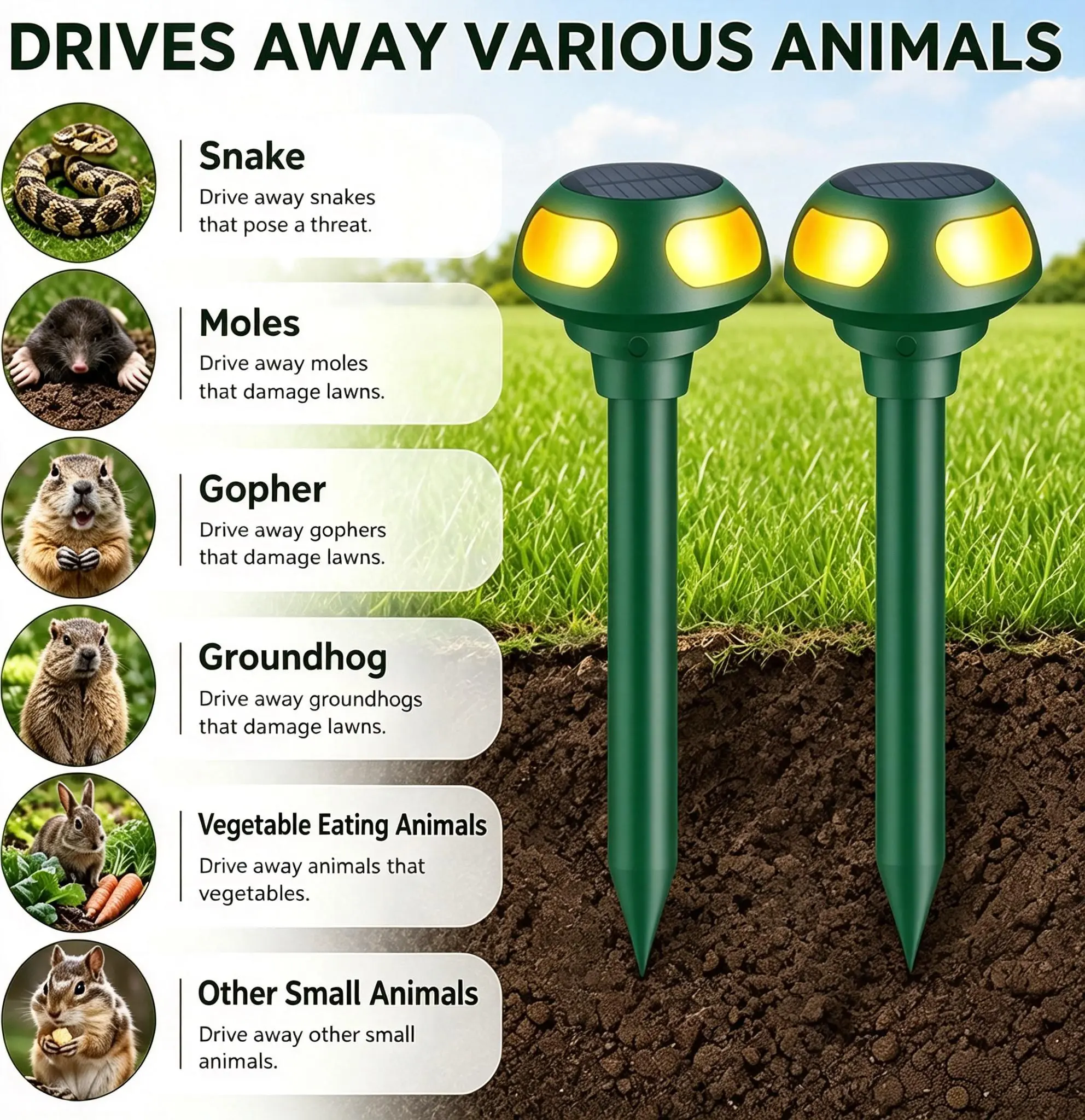 2-Pack Upgraded Ultrasonic Solar Pest Repellent Post, All-in-1 Sound Wave Device for Outdoor Lawn Garden - Repels Moles, Snakes, Rats
