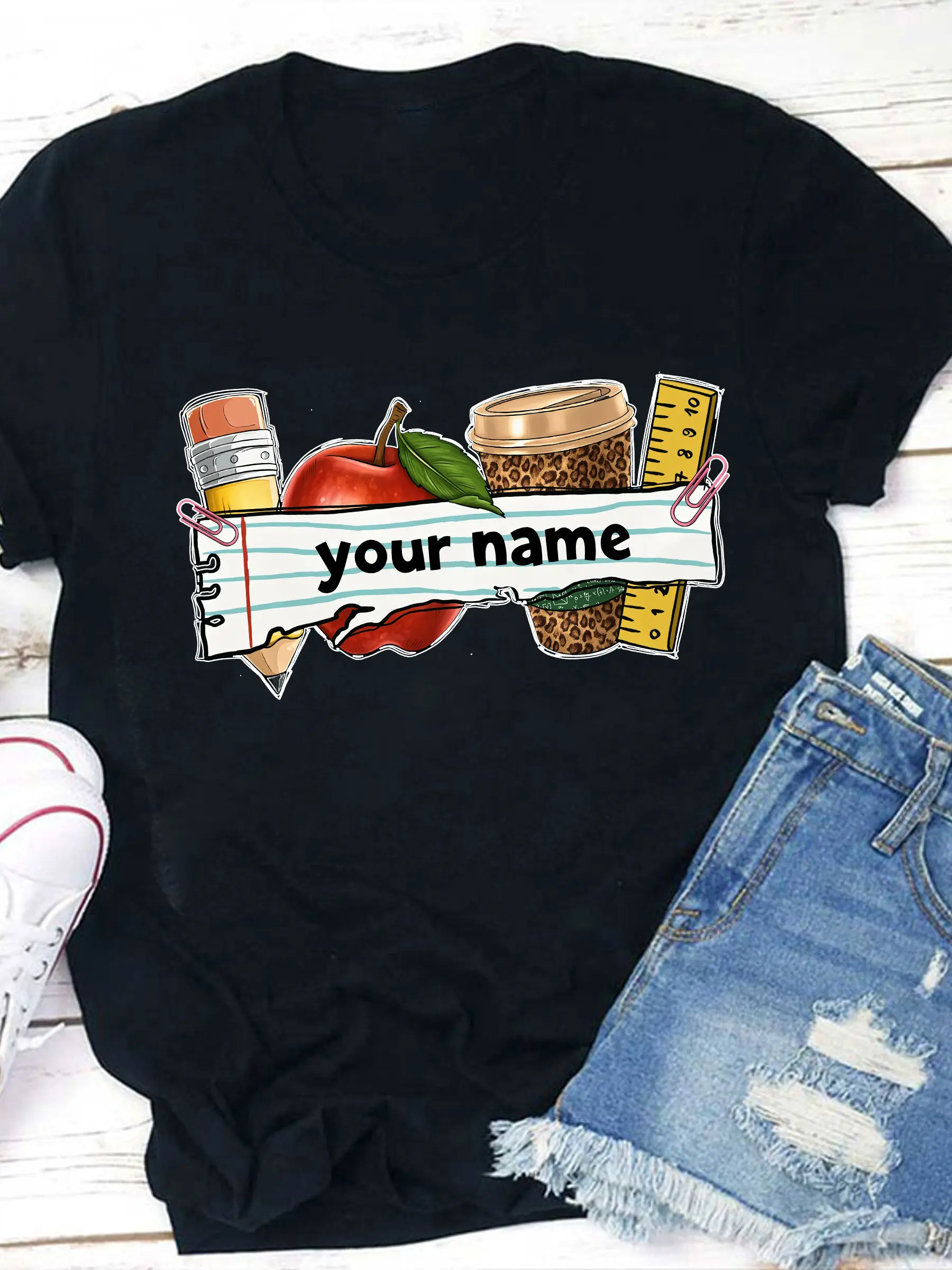 Custom Name Teacher T-Shirt Apple Pencil Leopard Coffee Ruler Educator Back To School Unisex Crew Neck Tee Thank You Gift For Educators