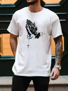 American High Street Prayer Hand Cross Print Short Sleeve T-Shirt, Men's Summer Fashion Loose Casual Top, Trendy and Comfortable