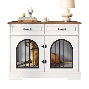 43.3" Dog Crate Furniture with 2 Storage Drawers, Heavy Duty Indoor Dog Kennel for Medium and Large Dogs, Wooden End Table Dog Cage with Side Doors, Stylish Dog Crate Furniture for Living Room, Pet  Furniture, White and Brown house Weatherproof Insulated