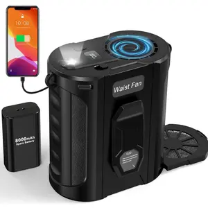 Portable Waist Fan with 8000mAh Detachable Spare Battery, 5-Speed Belt Fan with LED Light & Display, Detachable Dust Filter, Hands-Free Cooling for Outdoor, Camping gear , Work, Travel， rechargeable