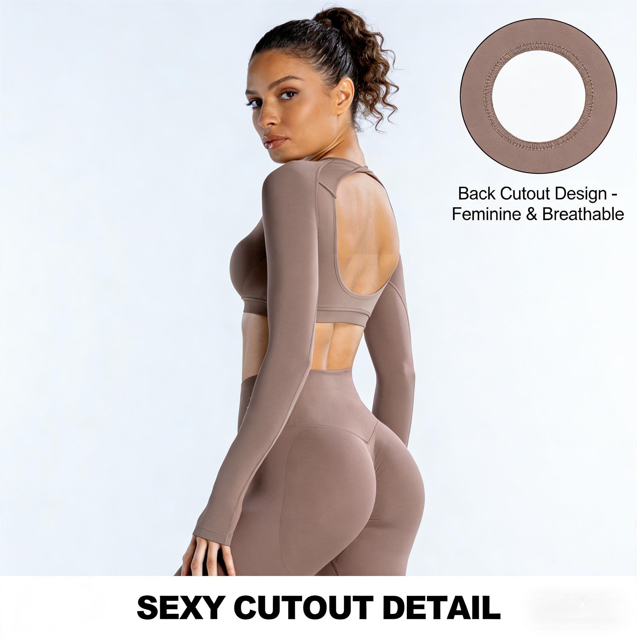 Women's Cropped Yoga Set – Round Neck Long Sleeve Top with Open Back Cutout & High Waisted Leggings, 2 Piece Activewear