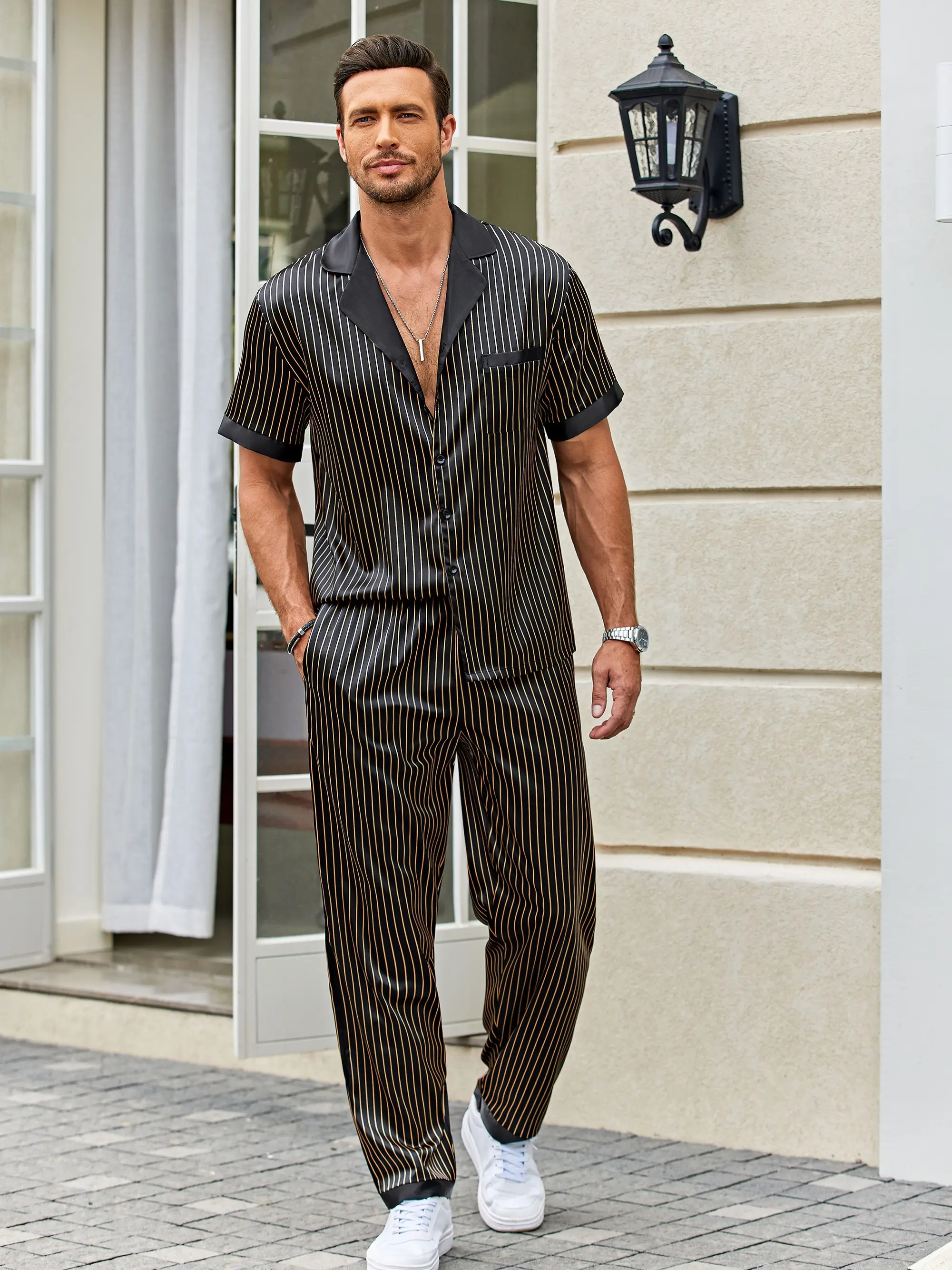 Ekouaer Men's Soft Satin Silk 2-Piece Fitted Pajama Set - Long Sleeve Button-Down Sleepwear Top with Pockets, Elastic Waist Long Pants Loungewear, Short-Sleeve Option for Casual Day Use