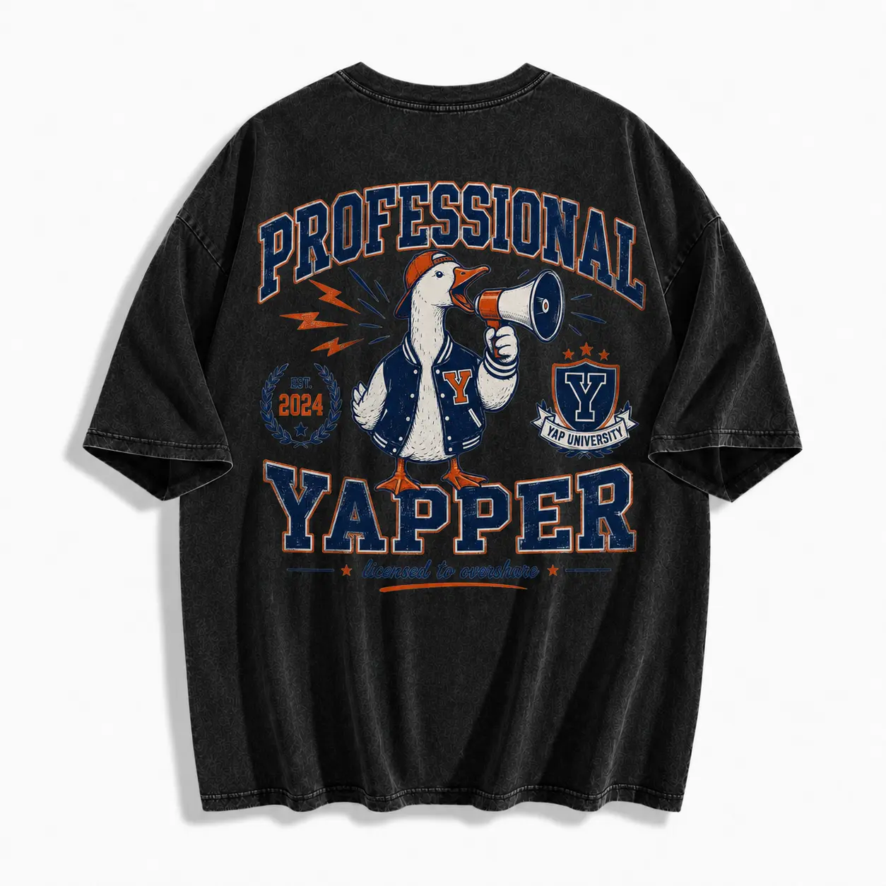 Men's Vintage Washed Oversized Graphic T-Shirt, Professional Yapper Goose Back Print Crew Neck Short Sleeve Streetwear Tee, Unisex Casual Top