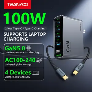 TRANYOO RCE-10002 100W GaN 5.0 USB-C Charger Block with Digital Power Display, 3 USB-C + 1 USB-A Fast Charging Station, PD 3.1/PPS Compatible, Includes 240W USB-C Cable (1.2M)