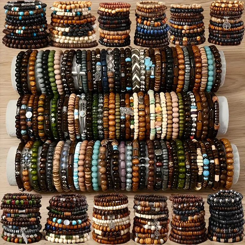 Bohemian Beaded Strand Bracelet Set, 12/24-Piece Wooden Stackable Bangles for Teenagers, Retro Look with Mixed Charms on Elastic Bands, Stackable Set, Adjustable Bracelet, Casual