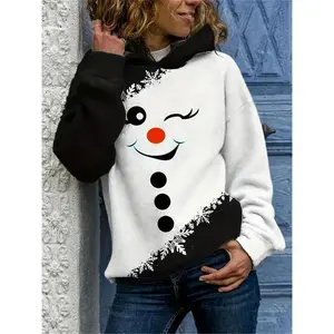 Women's Snowman Winking Hoodie, Fleece-Lined Christmas Sweatshirt with Contrast Sleeves, Holiday Party Pullover