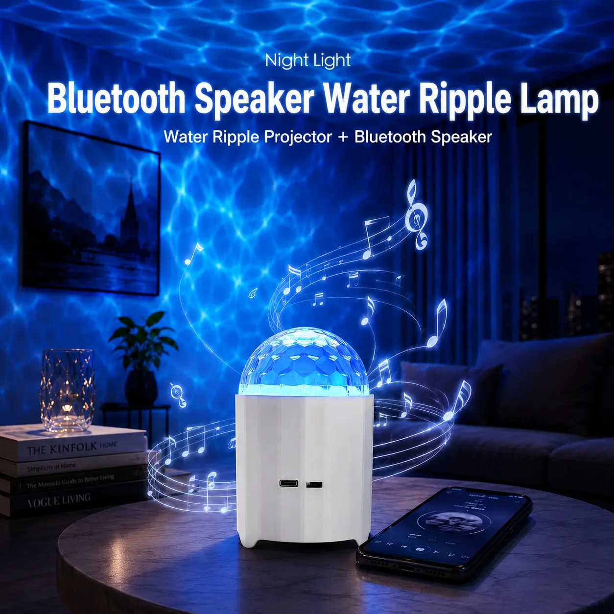 Bluetooth Speaker Water Ripple Projector Lamp, Rechargeable RGB Disco Ball Night Light with Music Sync, Colorful Party Atmosphere Lamp for Bedroom, Living Room, KTV, DJ, Party Gift