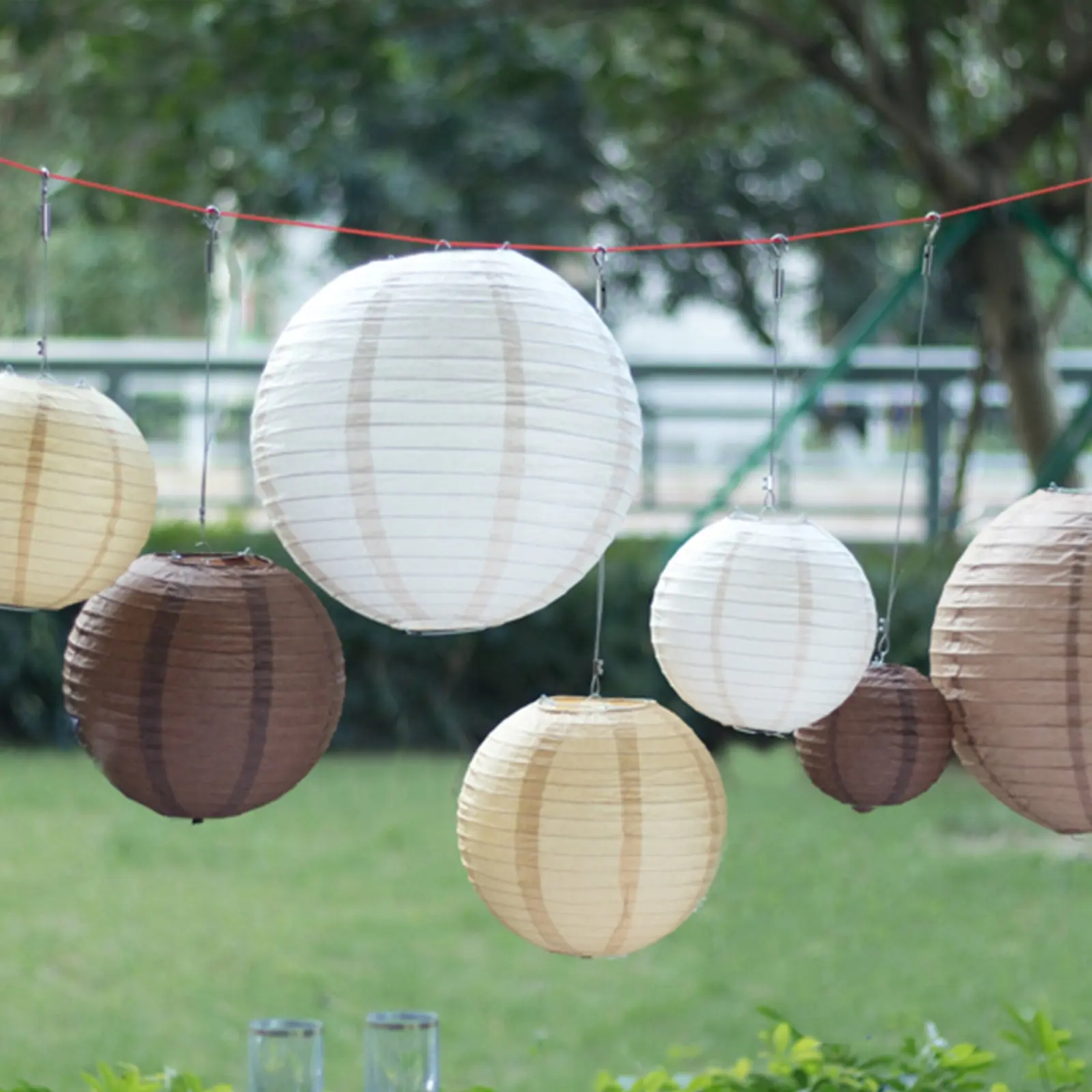 8-Piece Natural Brown Hanging Paper Lanterns Set with Assorted Sizes (6in, 8in, 10in, 14in) - Decorative Round Chinese Lanterns for Wedding Decoration