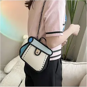 Funny 2D Cartoon Crossbody Bag Creative Cute Handbag 3D Style 2D Drawing Canvas Bag  Anime Style Mini Bag for Women
