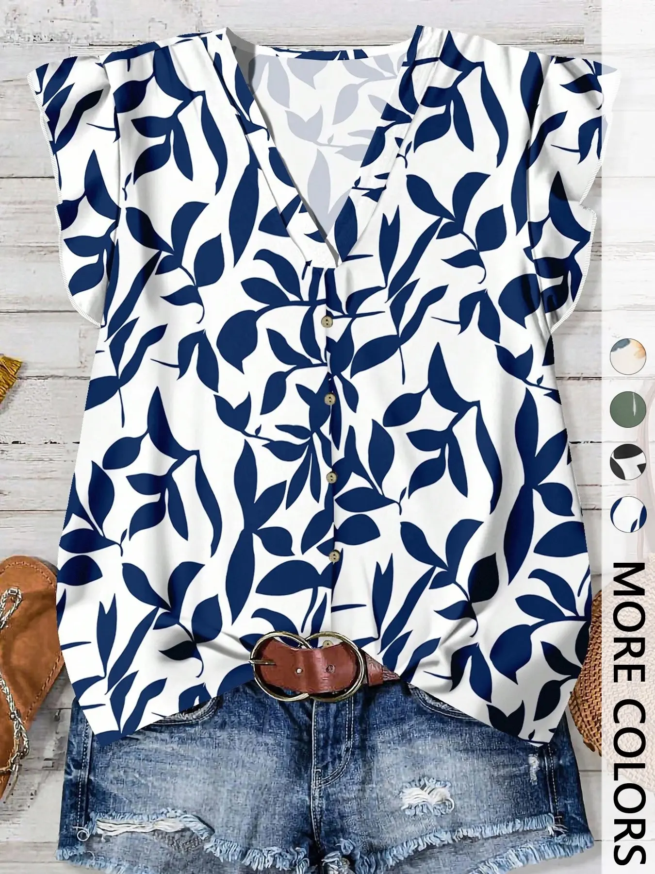 1 Piece Women's Summer Leaf Print V Neck Ruffle Sleeve Blouse, Button Down Loose Casual Tunic Tops Shirts for Daily Vacation, Plus Size Boho Elegant Streetwear, Boho Cottagecore Blouse