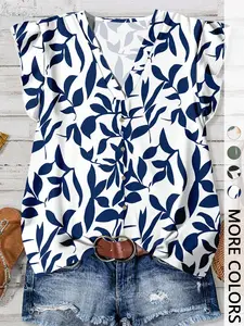 1 Piece Women's Summer Leaf Print V Neck Ruffle Sleeve Blouse, Button Down Loose Casual Tunic Tops for Daily Vacation, Plus Size Boho Elegant Streetwear