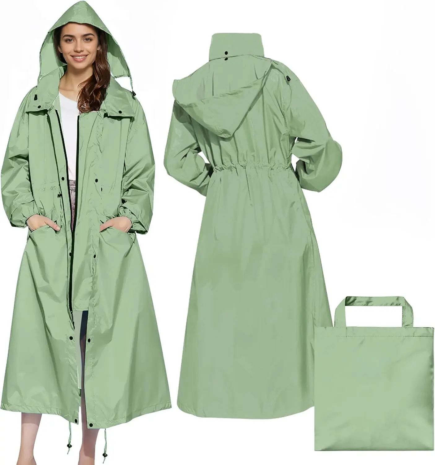 LAMA Womens Long Raincoats Rain Jacket Waterproof Packable Hooded Windbreaker Lightweight Adjustable Waist for Outdoor