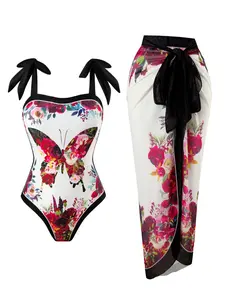 Women's Summer Trend Two-Piece Set Butterfly Flower Print Tie-Waist Sheer Skirt Wrap Dress Fashion Casual Vacation Swimwear Beach Swimsuit Cover