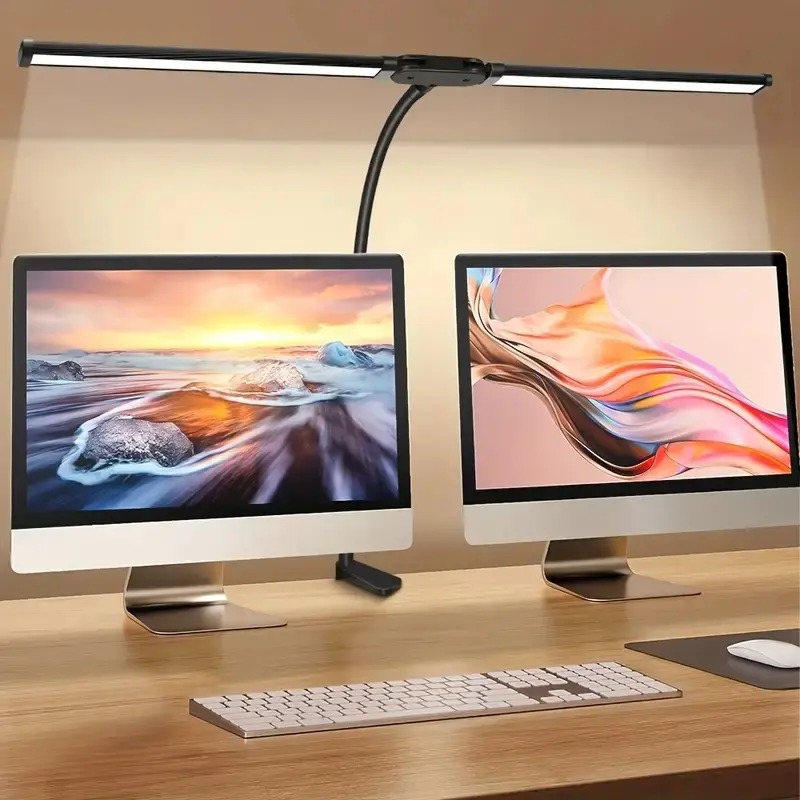 Dual-Head Clip-On Desk Lamp, Adjustable LED Office Light with Flexible Gooseneck, USB-Powered Dimmable Desk Light for Reading, Studying, and Workspace Lighting, White/Black, Portable for Home, Dorm, or Office Use, Reading Light, Adjustable Lights
