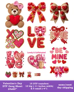 Valentine's Day DTF Gang Sheet: 15 Ready To Press Transfers - 23x60, 10 Big & 5 Small, Full-Color Printing, Same/Next Day Shipping